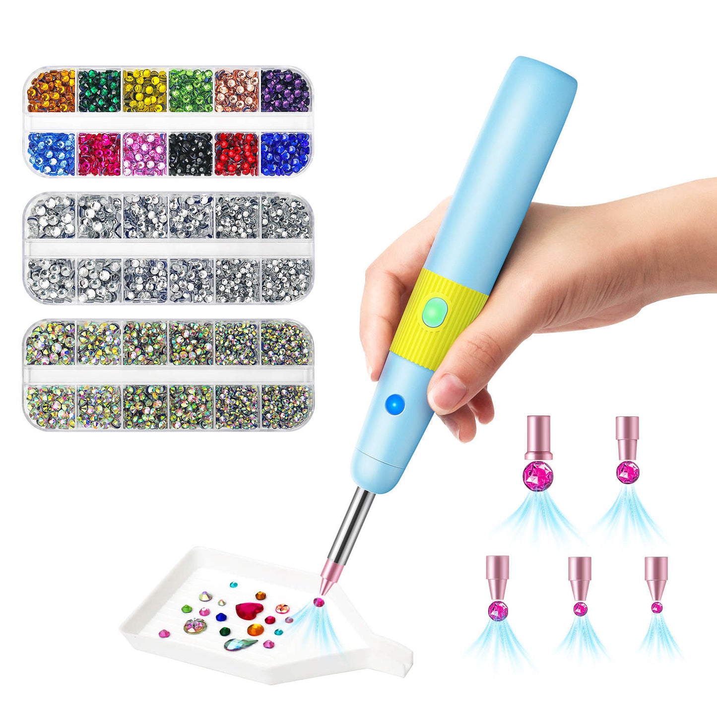 Diamond Painting Hotfix Rhinestone Applicator Kit – Cordless Tool with 3024 Rhinestones (Pink & Blue)