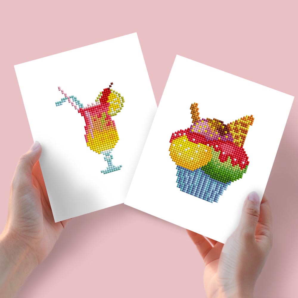 Diamond Painting - 2 Mini-Paintings | Tropical Cocktail & Rainbow Cupcake