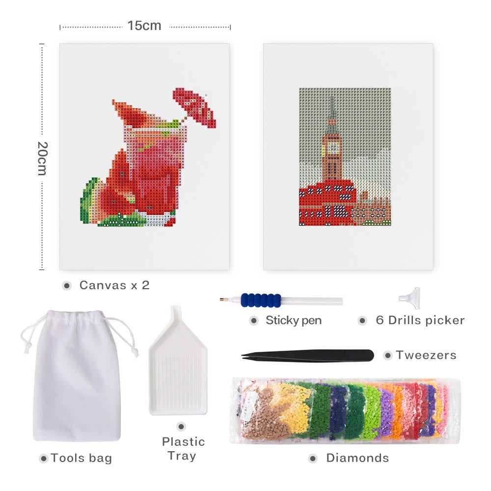 Diamond Painting - 2 Mini-Paintings | Watermelon Cocktail & Big Ben