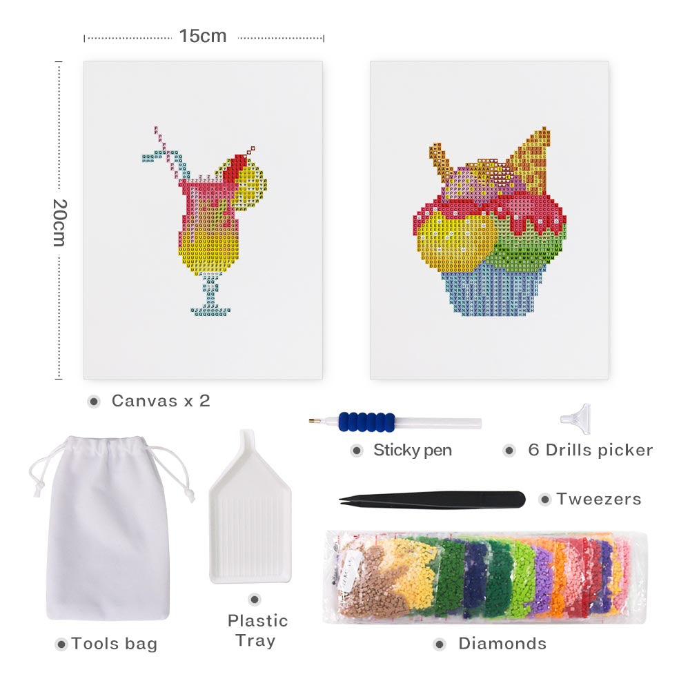 Diamond Painting - 2 Mini-Paintings | Tropical Cocktail & Rainbow Cupcake