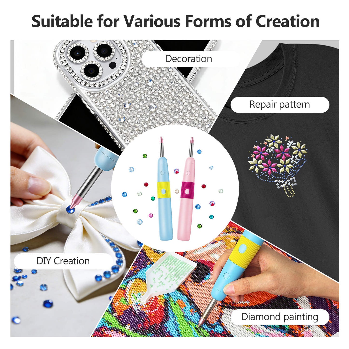 Diamond Painting Hotfix Rhinestone Applicator Kit – Cordless Tool with 3024 Rhinestones (Pink & Blue)