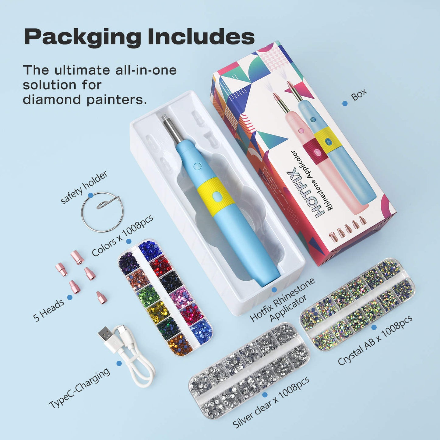 Diamond Painting Hotfix Rhinestone Applicator Kit – Cordless Tool with 3024 Rhinestones (Pink & Blue)