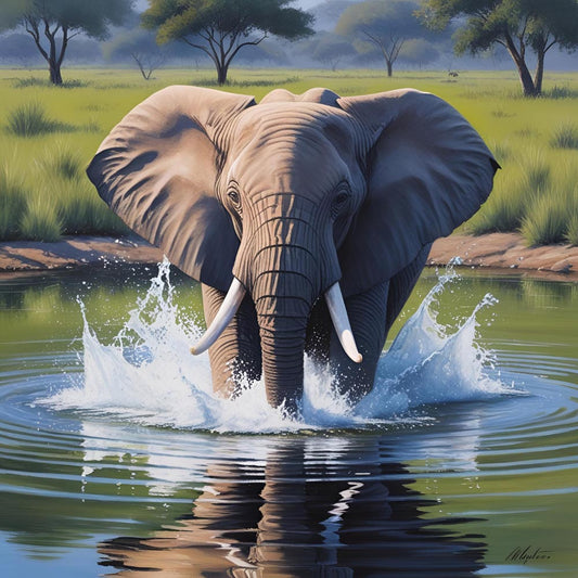 Diamond Painting - Water Dance – Elephant Splashing Wild