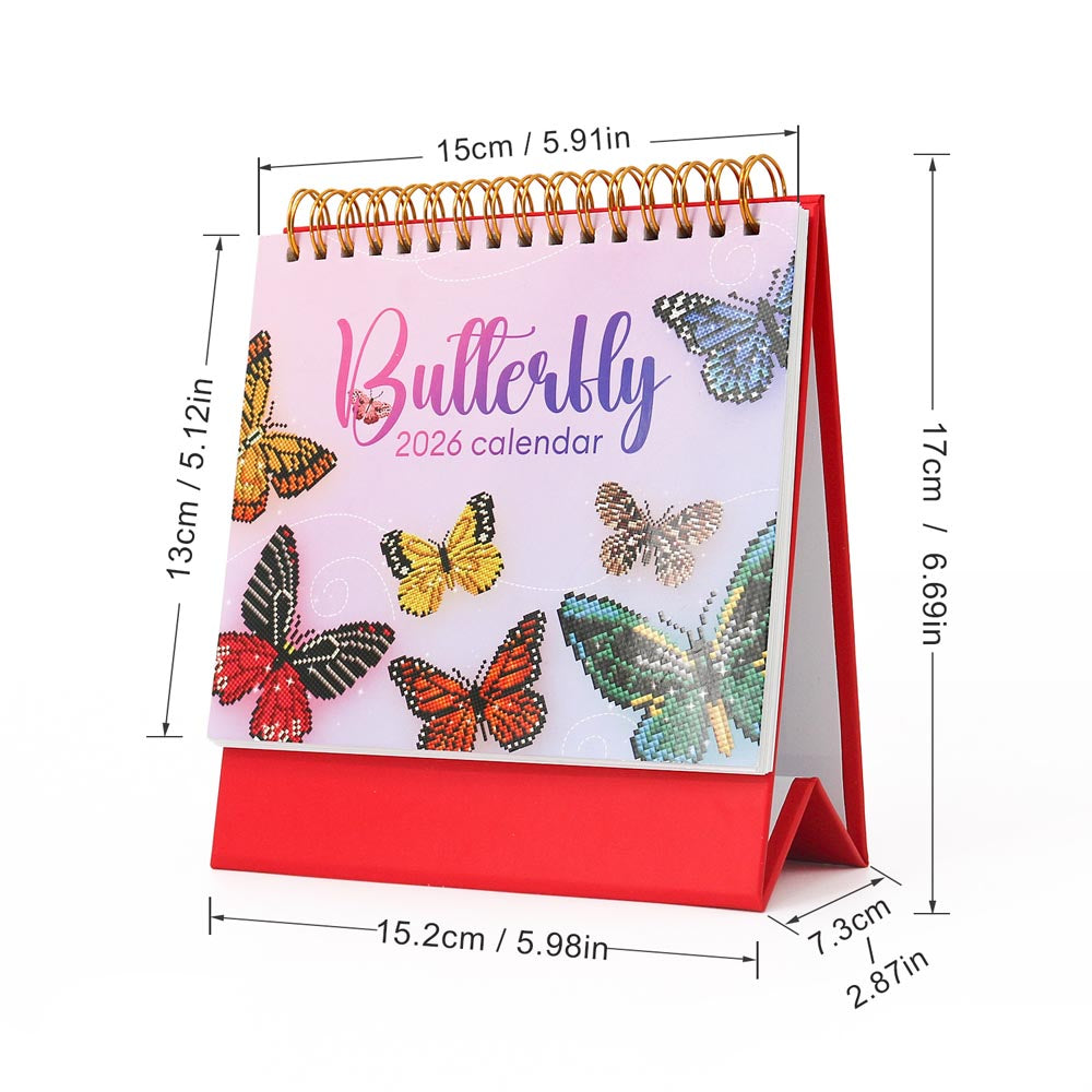 Butterfly-themed 2026 calendar with dimensions on a white background