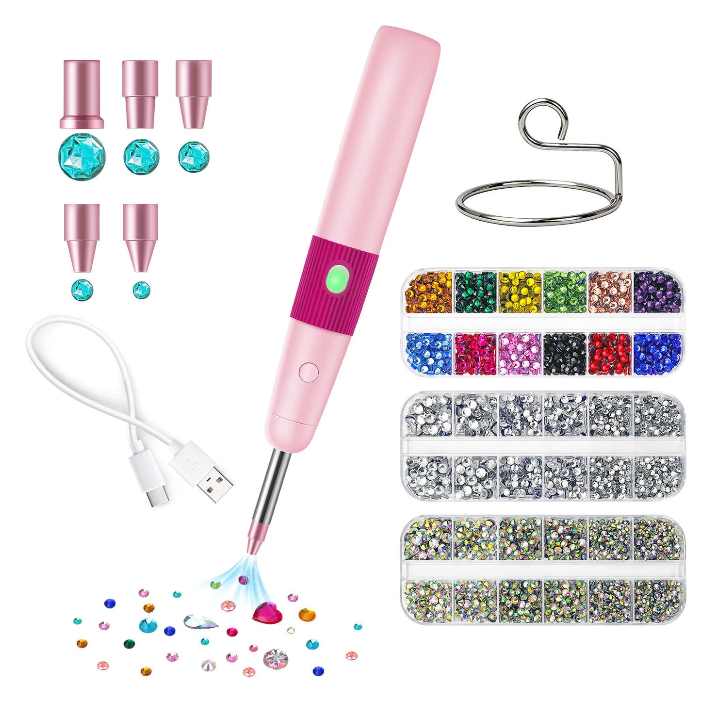 Diamond Painting Hotfix Rhinestone Applicator Kit – Cordless Tool with 3024 Rhinestones (Pink & Blue)