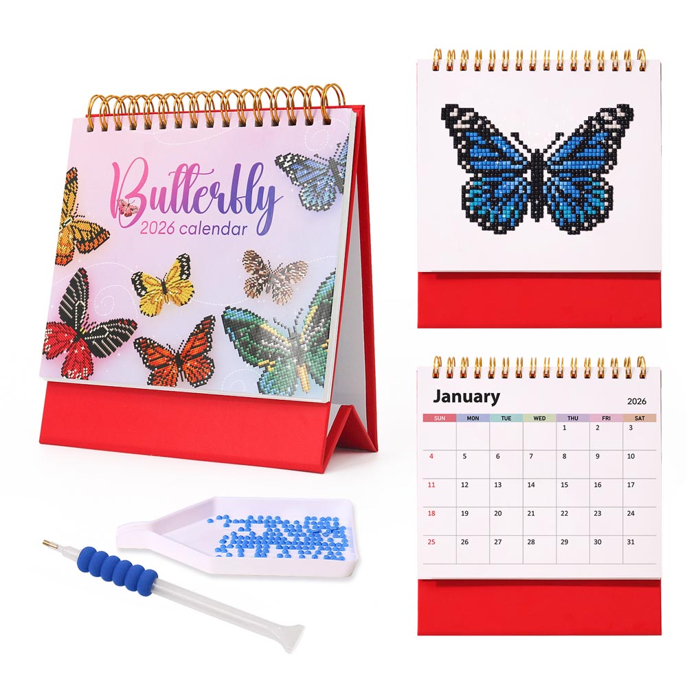Butterfly-themed calendar set with stand, blue butterfly design, and small tool on a white background