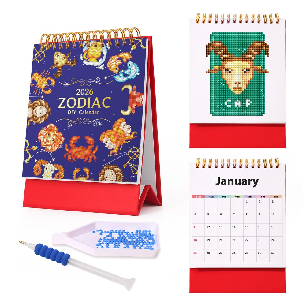 Zodiac-themed calendar set with stand and diamond painting kit on a white background