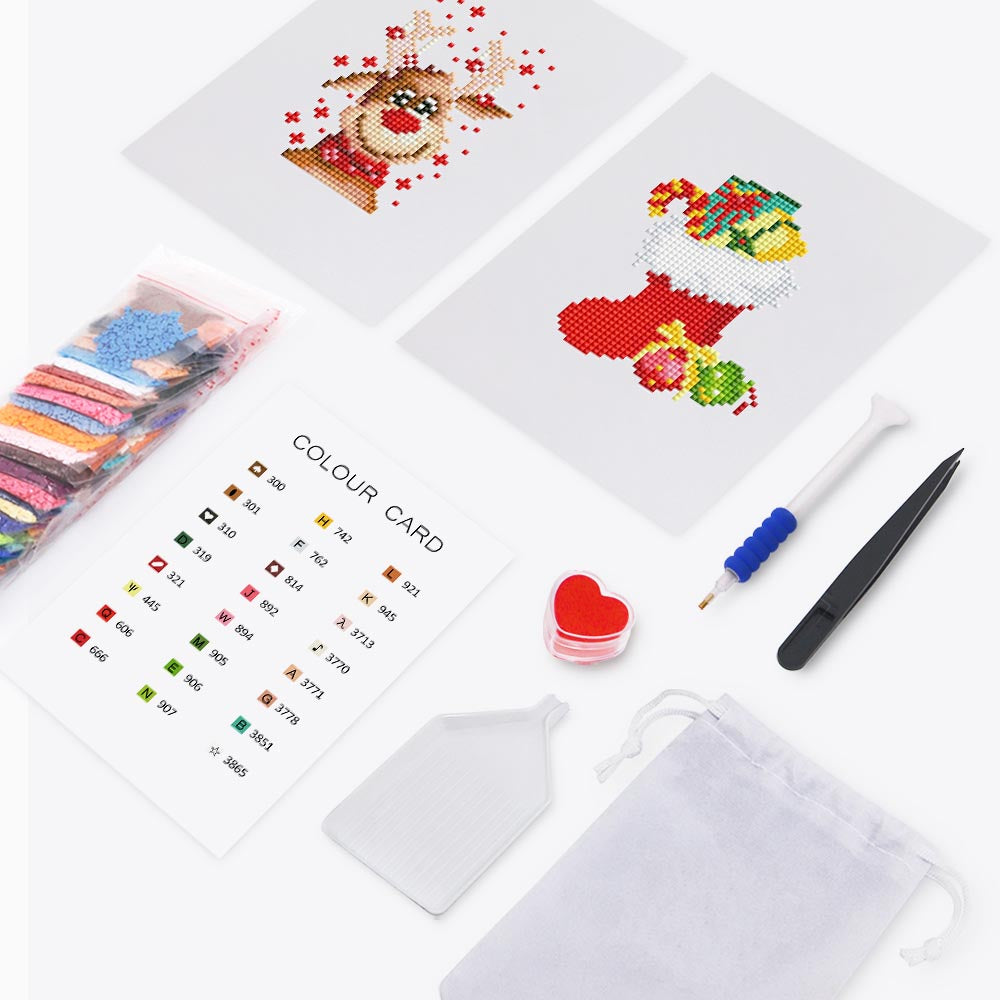 Diamond Painting - 2 Mini-Paintings | Stocking & Rudolph