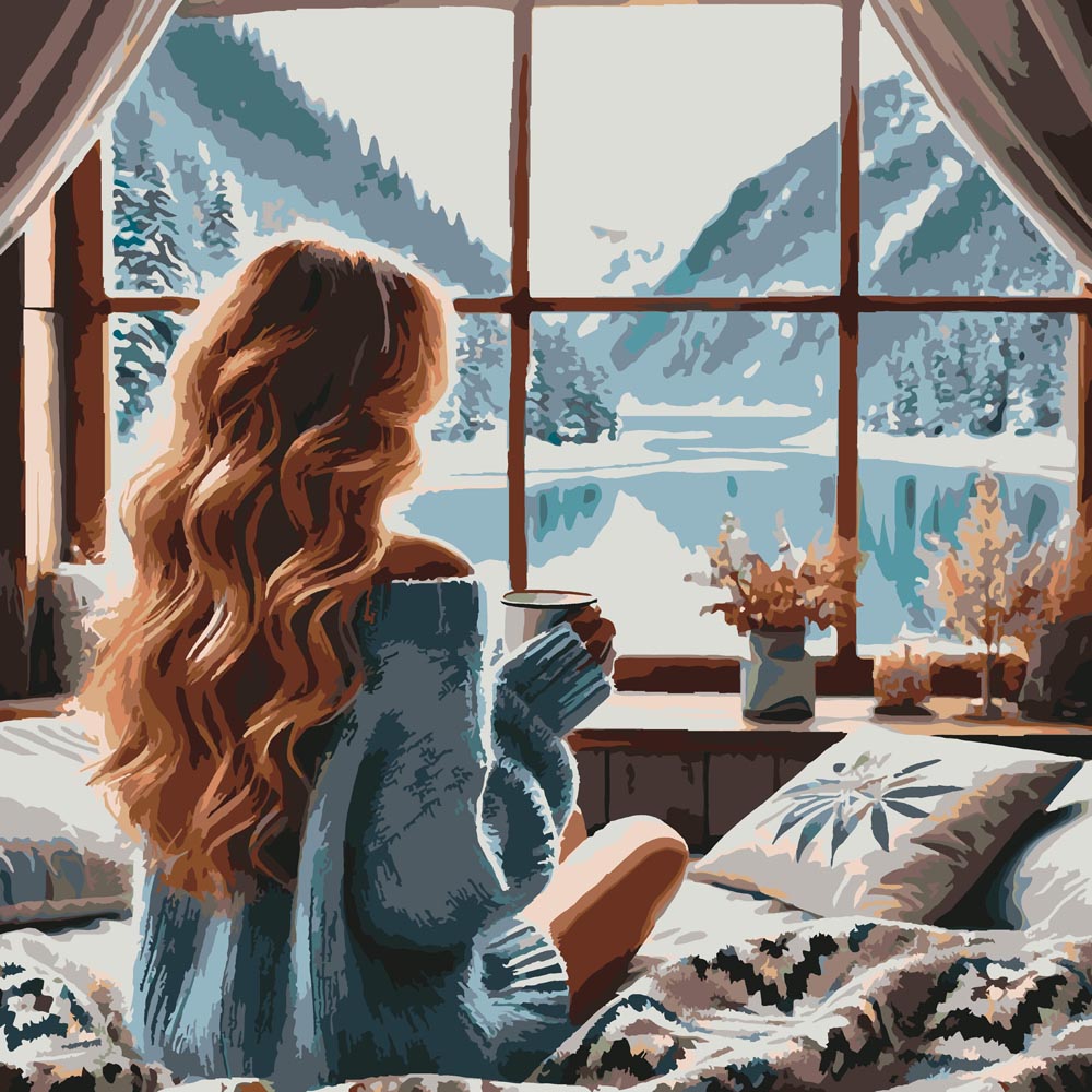
Woman with Coffee by Lake diamond painting kit