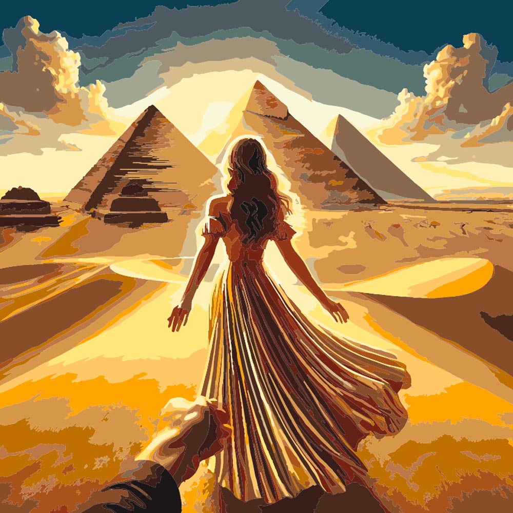 
Pyramids Sunset Lady diamond painting kit