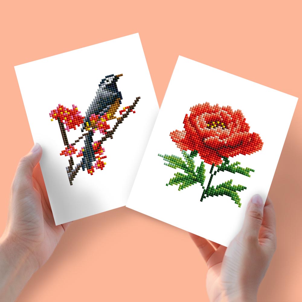 
Diamond Painting - 2 Mini-Paintings | Bird on a Branch & Red Flower