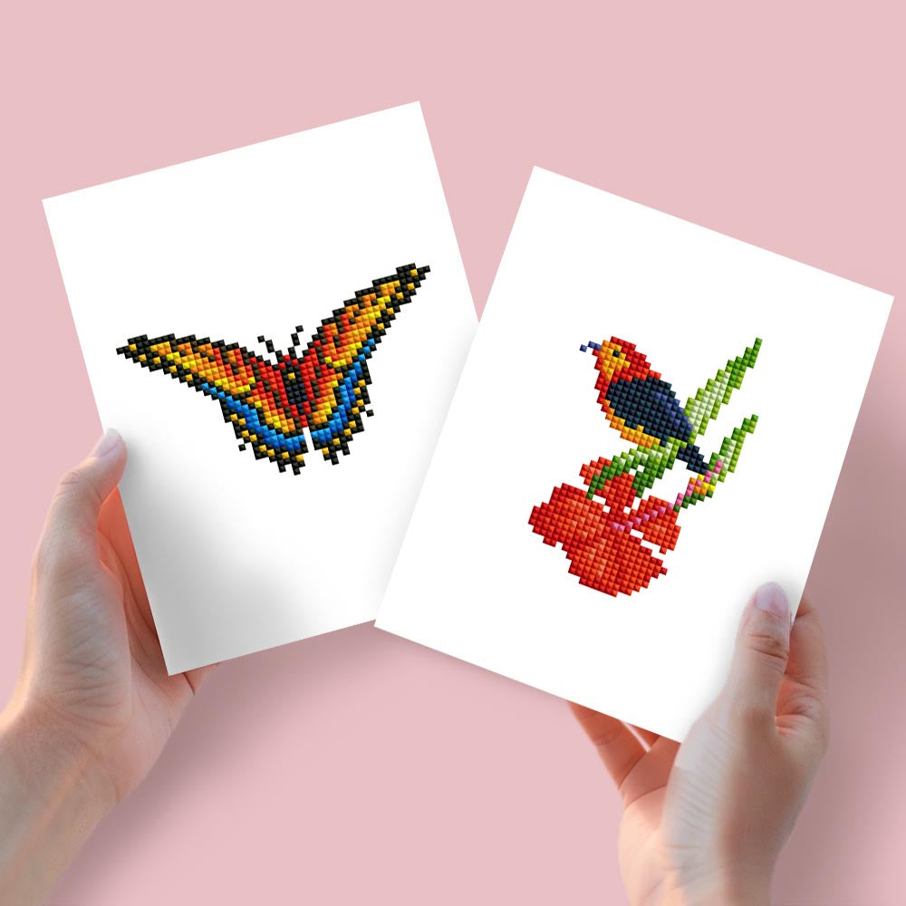 
Diamond Painting - 2 Mini-Paintings | Butterfly & Bird with Flower