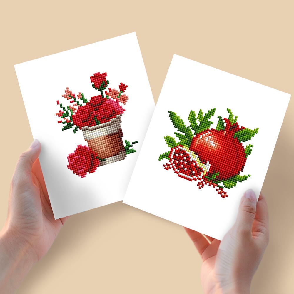 
Diamond Painting - 2 Mini-Paintings | Flower Pot & Pomegranate