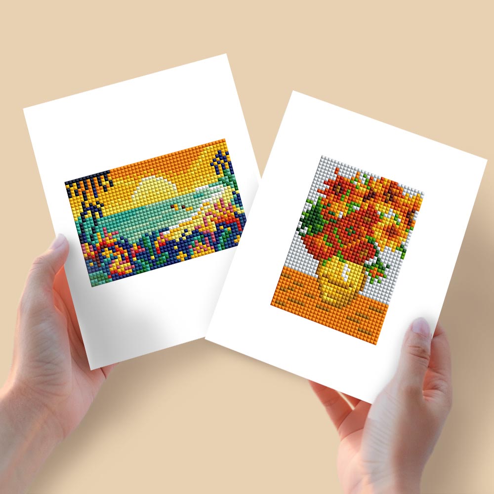 
Diamond Painting - 2 Mini-Paintings | Sunset Landscape & Vase of Flowers