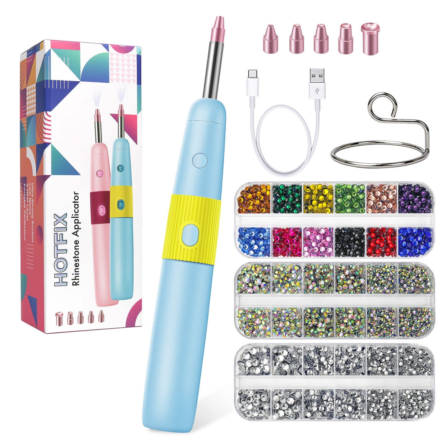 Diamond Painting Hotfix Rhinestone Applicator Kit – Cordless Tool with 3024 Rhinestones (Pink & Blue)