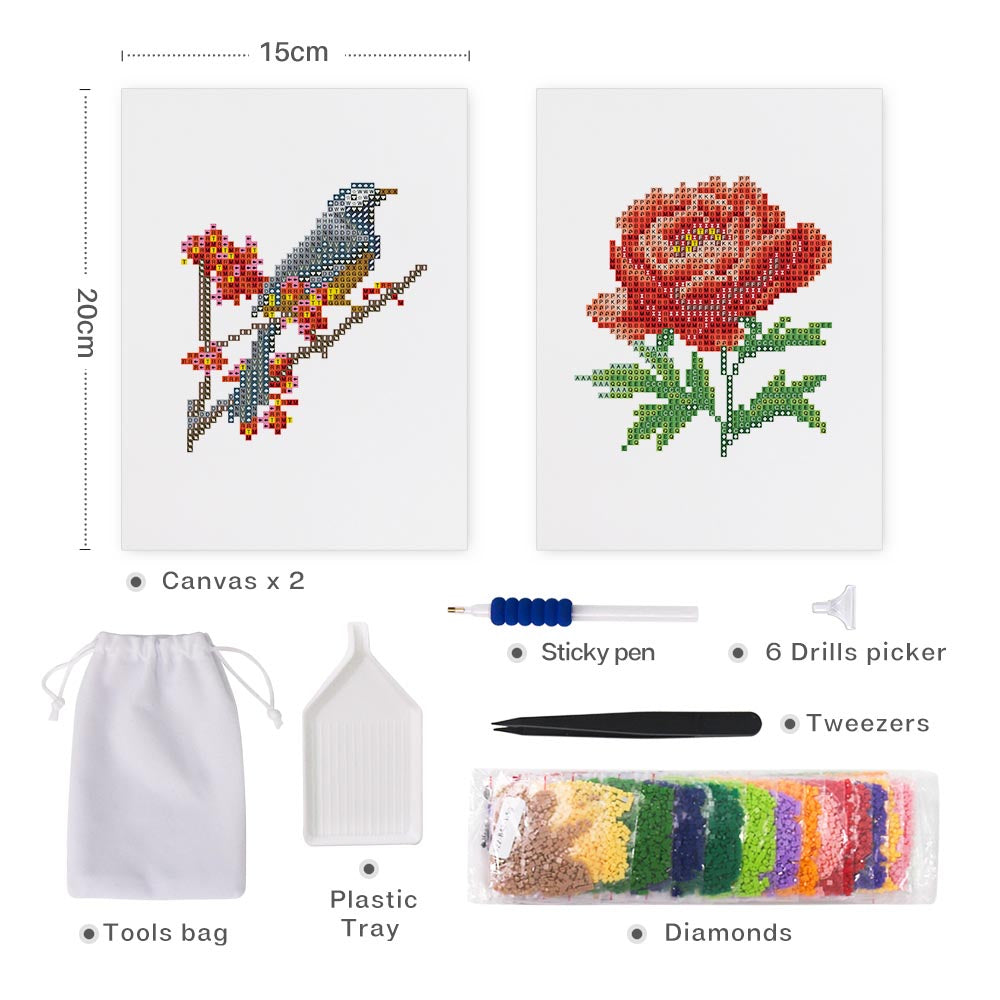 Diamond Painting - 2 Mini-Paintings | Bird on a Branch & Red Flower