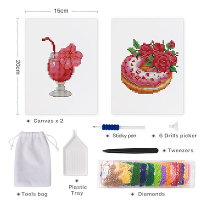 Diamond Painting - 2 Mini-Paintings | Tropical Drink & Romantic Donut