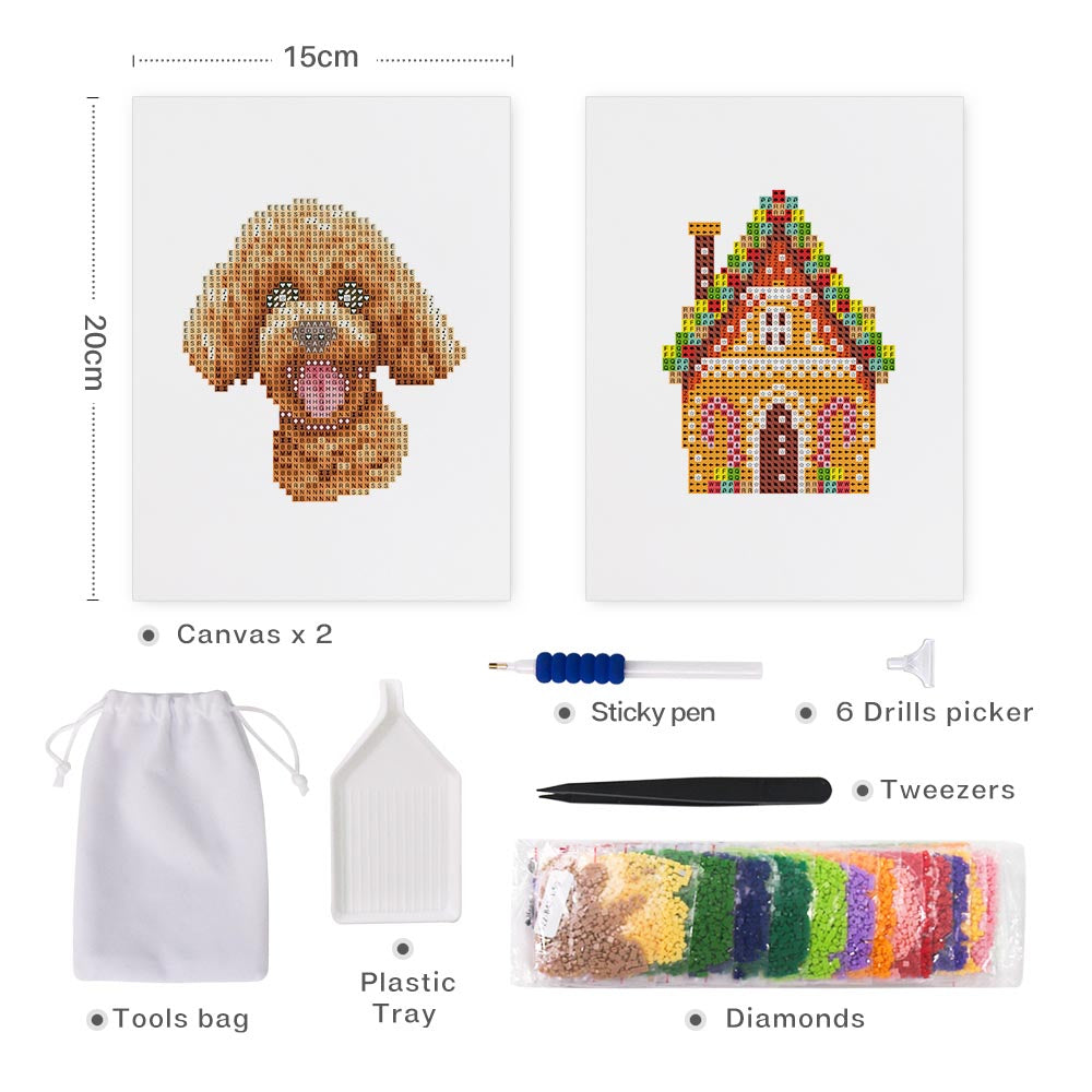 Diamond Painting - 2 Mini-Paintings | Puppy Joy & Gingerbread House