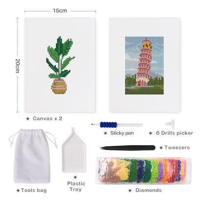 Diamond Painting - 2 Mini-Paintings | Plant & Fantasy Tower